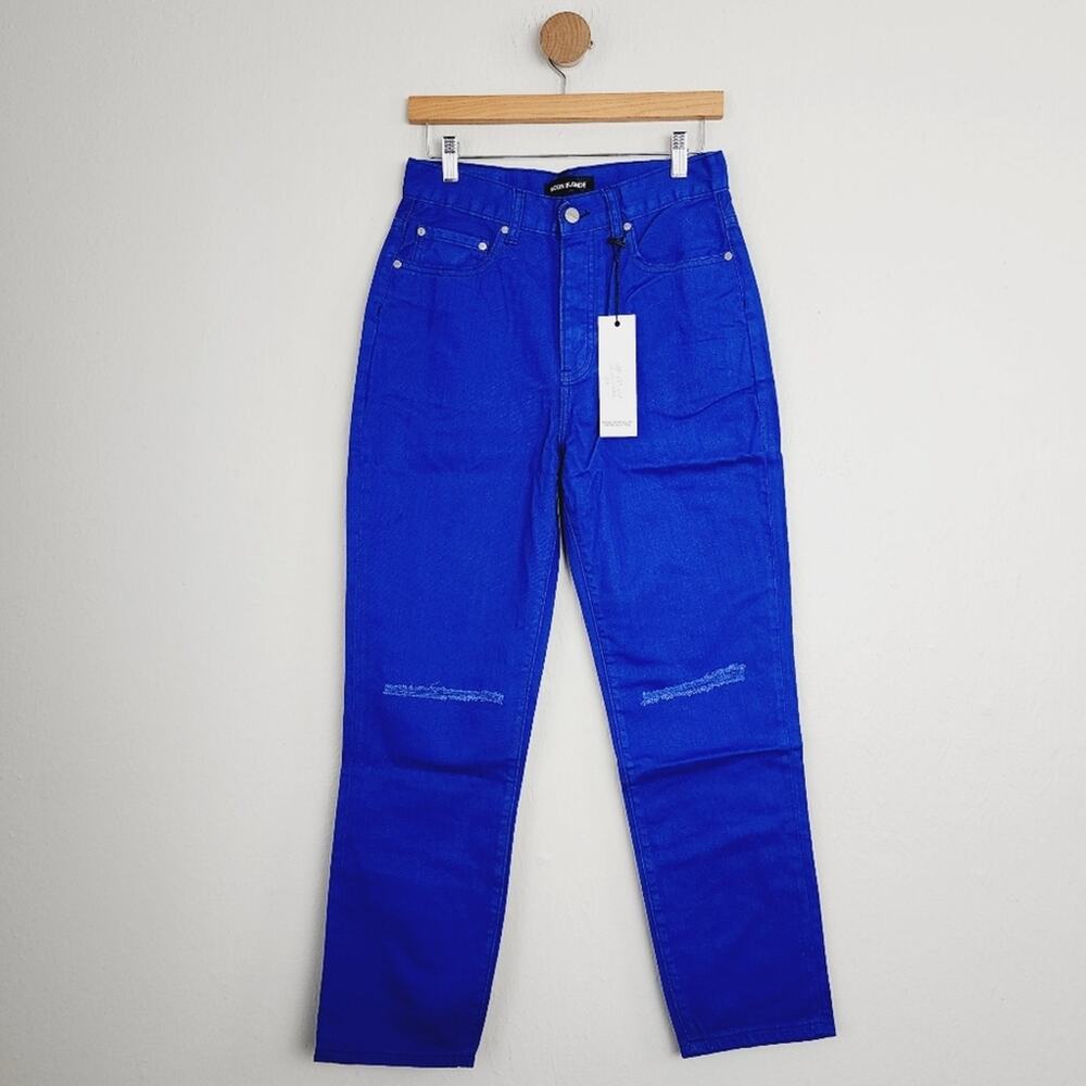 Neon Blonde Cara High Rise Distressed Straight Leg Jeans NWT 27 Dark Wash